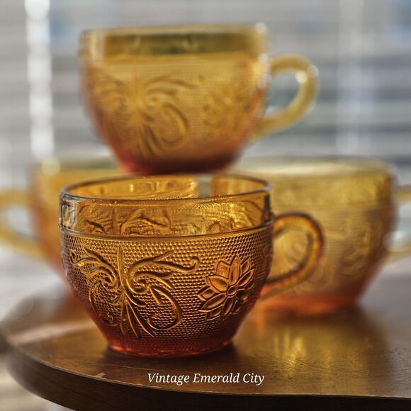 4 Pc Set Vtg Indiana Glass Amber Honey Tiara Sandwich Coffee Tea Cups Floral - Picture 3 of 13